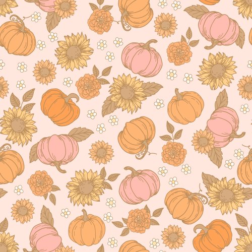 a boho floral pumpkin pattern with sunflowers and pink and orange pumpkins