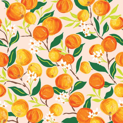 bright trailing citrus oranges with white blossom on a peach cream background