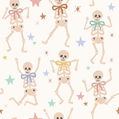 Halloween Skeletons dancing with stars and sparkle in cream, charcoal grey, blue, pink, burnt orange, teal, and yellow.
