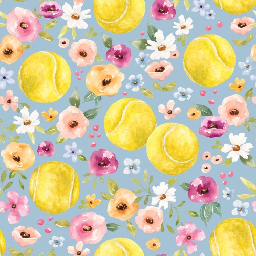 Sports fabric design with tennis balls and flowers