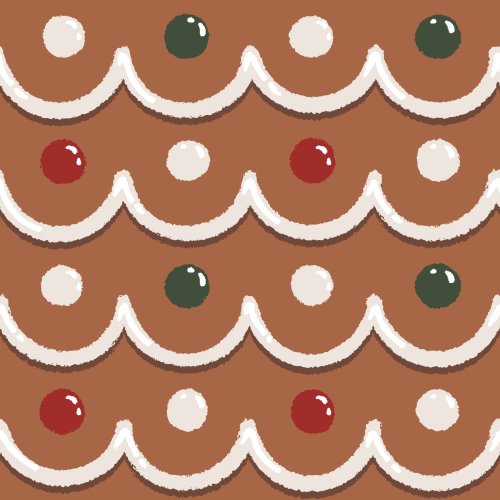 Scalloped Horizontal Stripes of Frosting with round candies in between in festive red and green colors on a brown gingerbread colored background