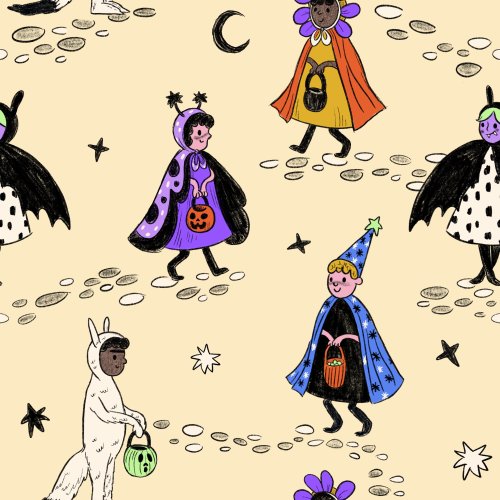 A hand drawn Halloween pattern for kids featuring kids in costumes. Background is cream.