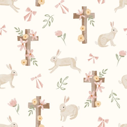 Watercolor floral Easter crosses, bunnies and bows.