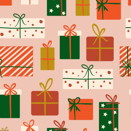 Christmas gifts in green, red, gold, orange red