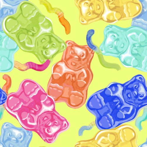 gummy bears and gummy worms on a vibrant background for kids