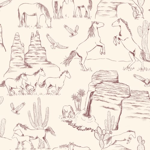 Hand Drawn Illustrations of wild horses living in the western desert canyons in a toile de jouy style print