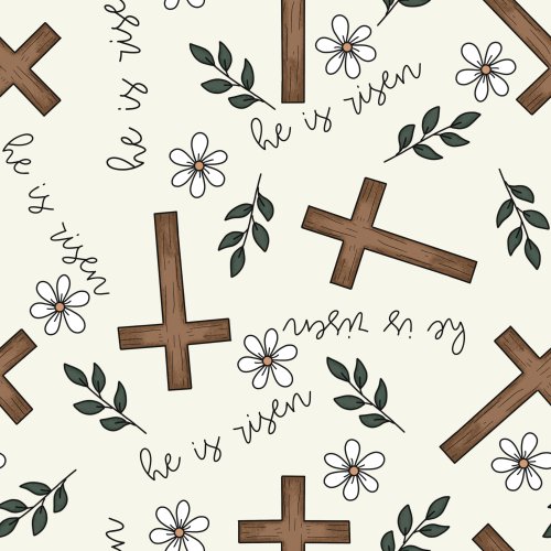 Easter fabric design with crosses flowers and leaves on light yellow background