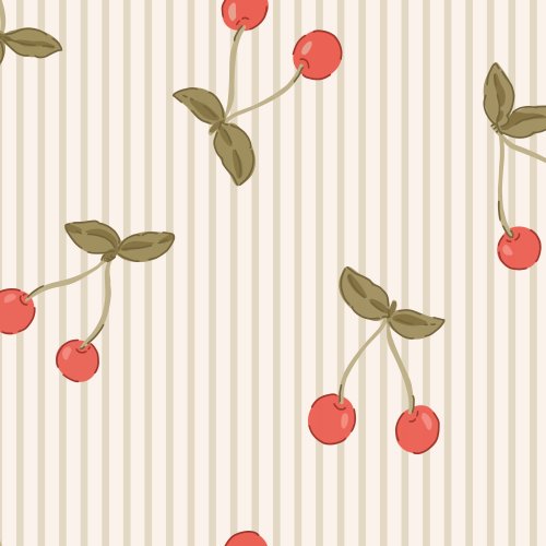 A playful allover toss of cherry pairs with olive-sage leaves scattered across a warm cream-and-beige  pinstripe