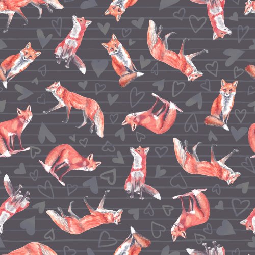 A whimsical pattern featuring watercolor foxes in various playful poses on a dark grey background, overlaid with hand-drawn heart outlines in muted tones. The foxes are painted in warm red and orange hues, contrasting with the subtle heart shapes, creating a charming Valentine’s or woodland-themed design.