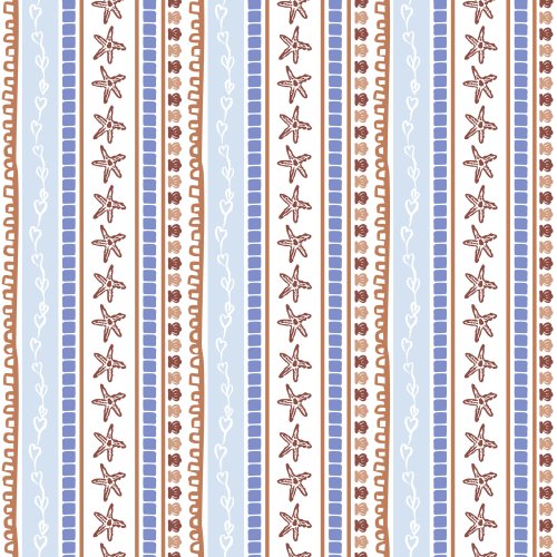 Mediterranean Summer Boho Vertical Coastal Stripes with sea shells, starfish in boho brown, blues and peach
