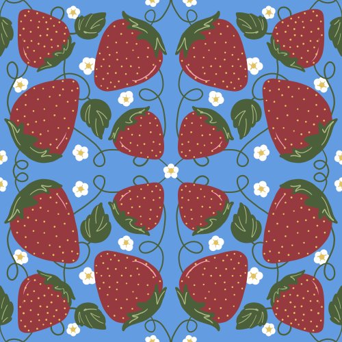 red strawberries mirrored and tiled on a blue background