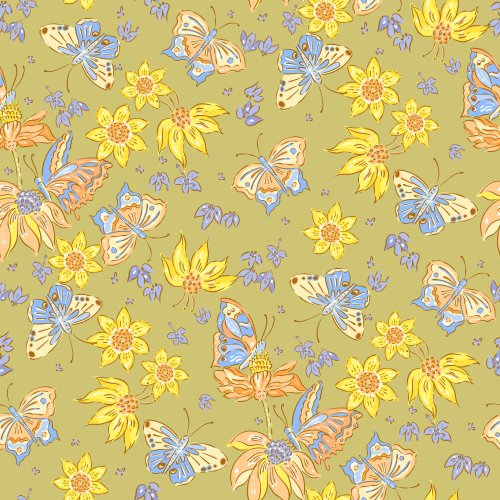 Spring Bohemia Butterfly Garden in Olive green. Butterflies, yellow boho retro flowers on green