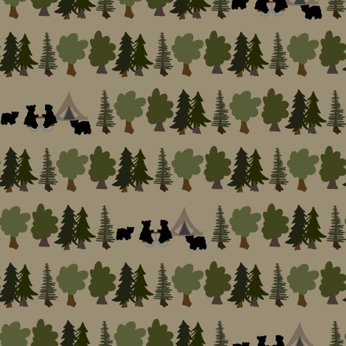 camping picnic scene featuring black bears on a tan background