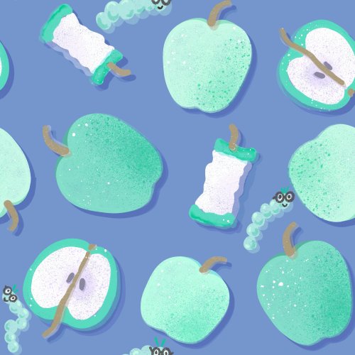 green apples on blue background with worms
