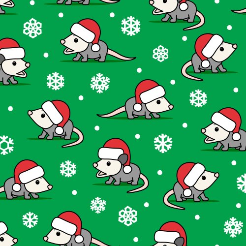 Cute Opossums wearing Santa hats on a kelly green background