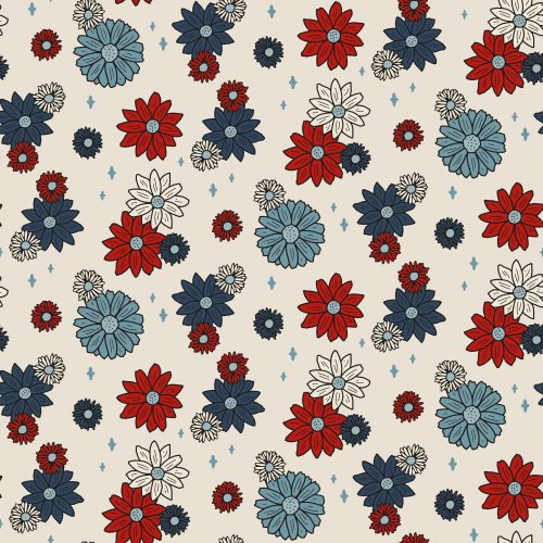 Hand drawn outline flowers in a patriotic muted red white and bloom palette.