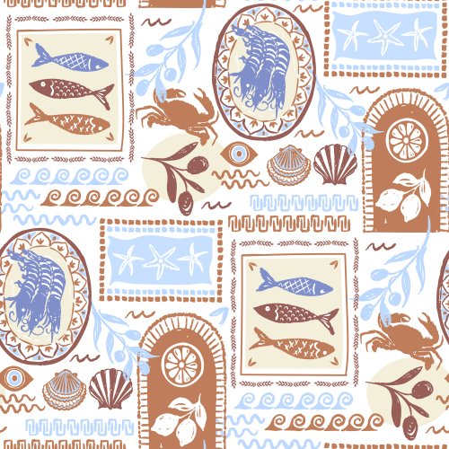 Mediterranean Summer Boho Greek Isles stamp patchwork print