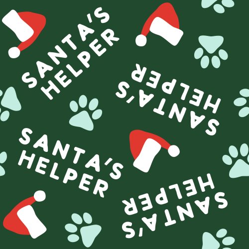 Santa's helper with paw prints and santa hats tossed on a dark green background