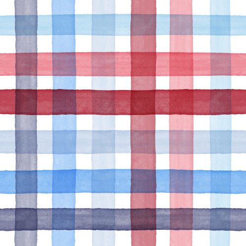 watercolor plaid with tones of blues and red on a white background
