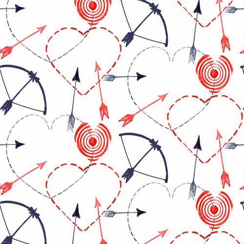 Valentine's Day design with red and blue bow and arrow and hearts on white background