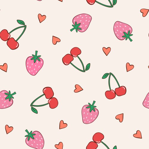 Cute tossed cherries, hearts and strawberries