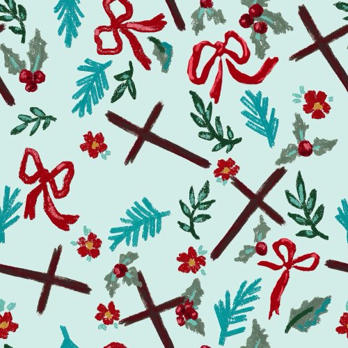 Scattered poinsettia Christmas floral with crosses 