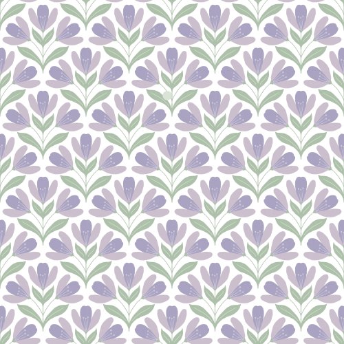Seamless repeating floral pattern with stylized lavender and soft purple flowers, sage green leaves, and a light background.