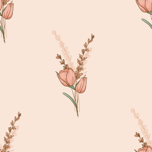 Hand drawn light pink tulip bouquet with ferns on light pink background