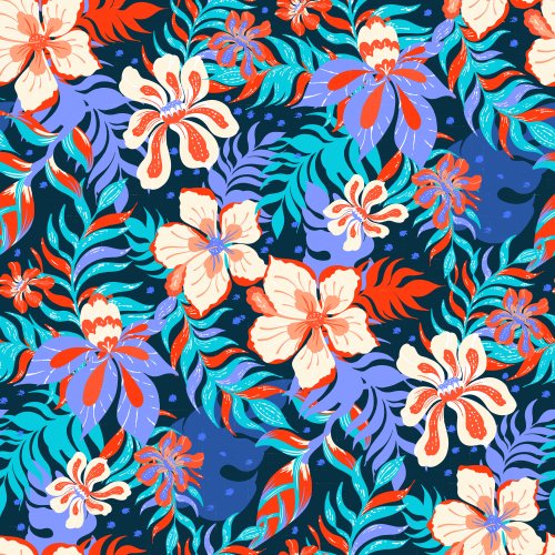 Neon Tropical Summer Paradise Flowers in Red and blues and navy