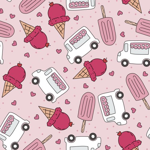 Valentine's Day fabric design with pink ice cream trucks popsicles and hearts