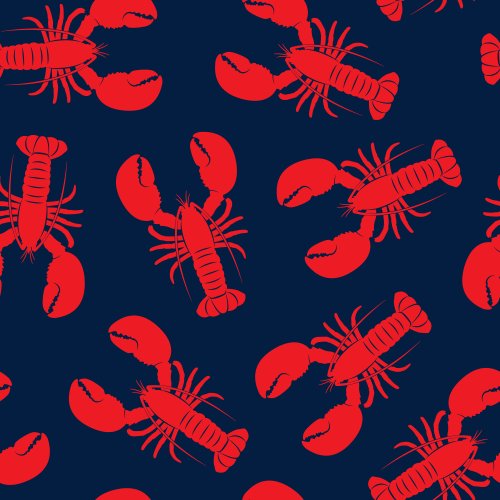 Lobsters in red on a navy background. 