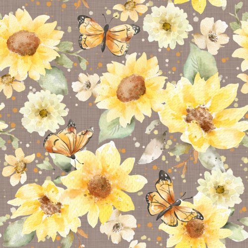 Hand painted watercolor floral pattern. Sunflowers and butterflies.