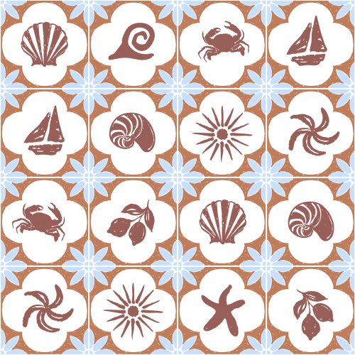 Mediterranean Summer Boho Nautical Tile checkers with boats, shells, starfish, flowers, lemon icons on brown and blues