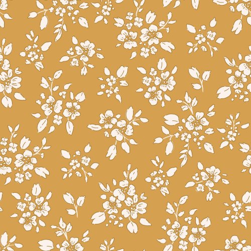A warm, vintage-inspired tossed floral featuring small bouquet clusters and scattered leaves in warm white on a honey-ochre mustard ground. 