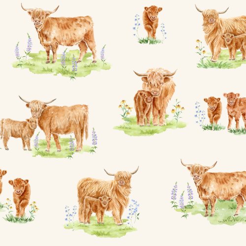 highland cows with wildflowers on cream background
