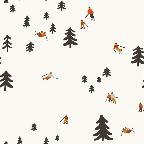A wintery ski slope pattern with tiny skiers and pine trees skiing down the snow.