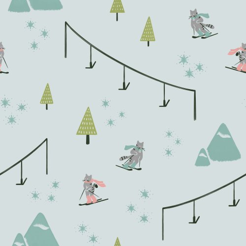 Cats wearing scarves skiing down the mountain surrounded by snowflakes and ski lifts