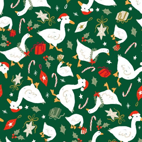 Christmas geese, presents, ornaments and festive fun, hand drawn illustrative pattern