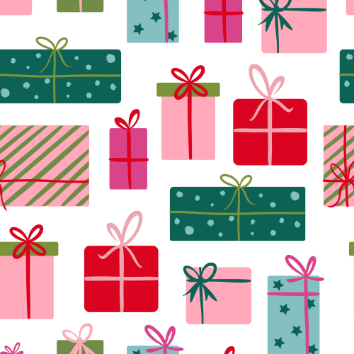 Colourful Christmas or Birthday presents red, pink, blue, white on white