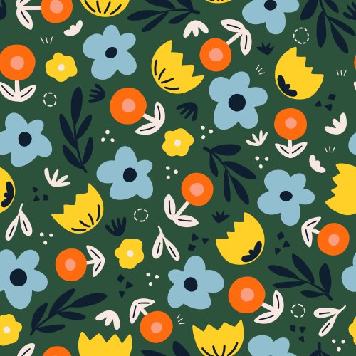 blue orange and yellow flowers on Green background