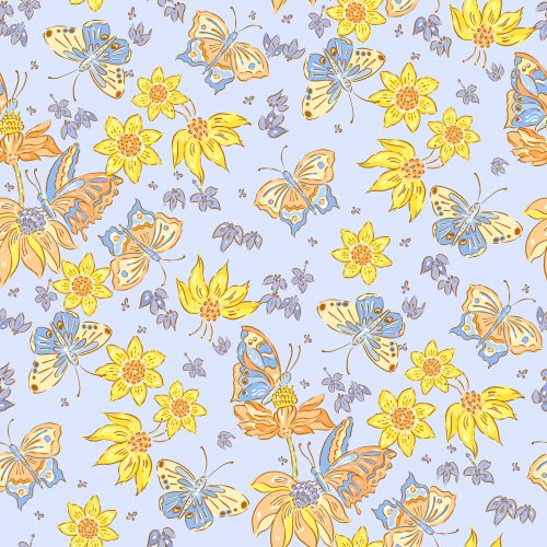 Spring Bohemia Butterfly Garden in pastel blue. Butterflies, yellow boho retro flowers on pastel blue