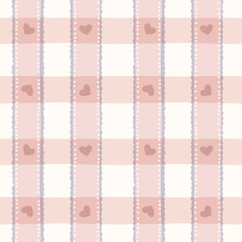 pastel pink gingham with a scalloped purple edge and scattered pink hearts