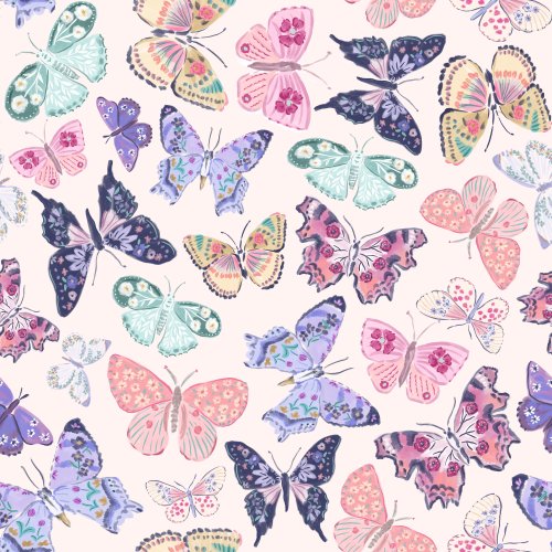 Butterflies in a non directional pattern on a light pink background.  The butterflies are all made up of floral patterns.  Pink, purple, and aqua butterflies in a maximalist pattern