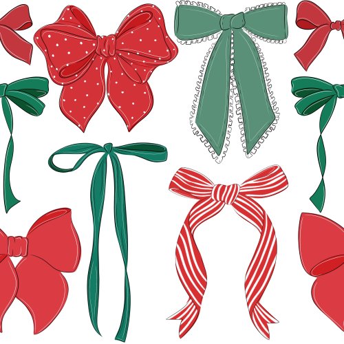 Red and green bows in various styles on white 