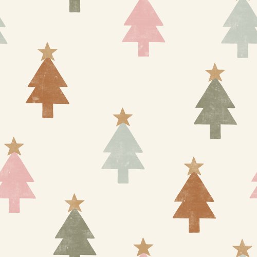 Evergreen trees with star on top in boho colors on a cream background