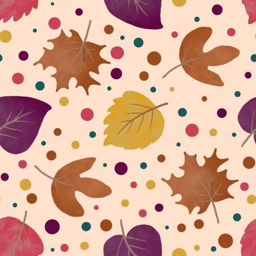 jewel toned fall leaves in pink, orange, gold, turquoise on a cream background