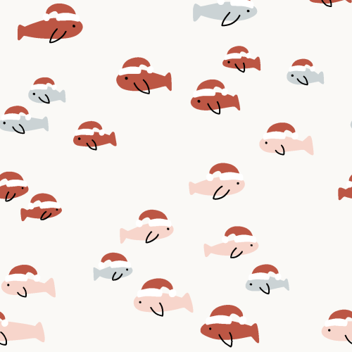 festive fish in holiday hats and pastel colors