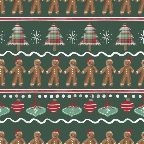 Gingerbread girls and boys in a sweater like horizontal holiday stripe with ornaments and plaid trees