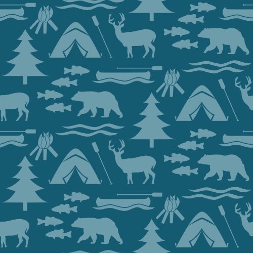 blue on blue camping motifs - tent, tree, campfire, canoe, deer, bear