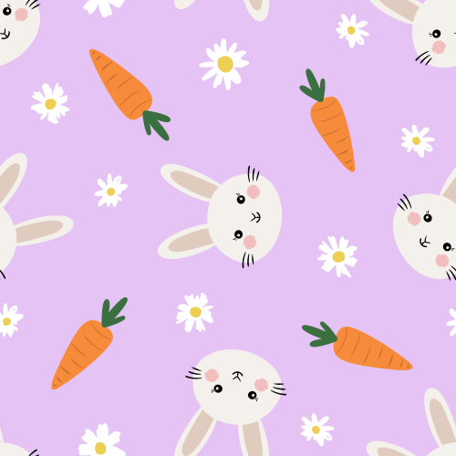 Hoppy Easter Cute Easter bunnies purple tossed, spring flowers, carrots.  Hoppy Easter collection.